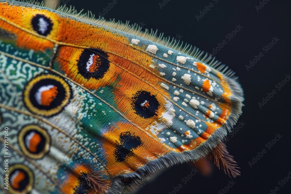 Poster a close-up view of a butterfly revealing intricate details of its fuzzy body and vibrant eye pattern