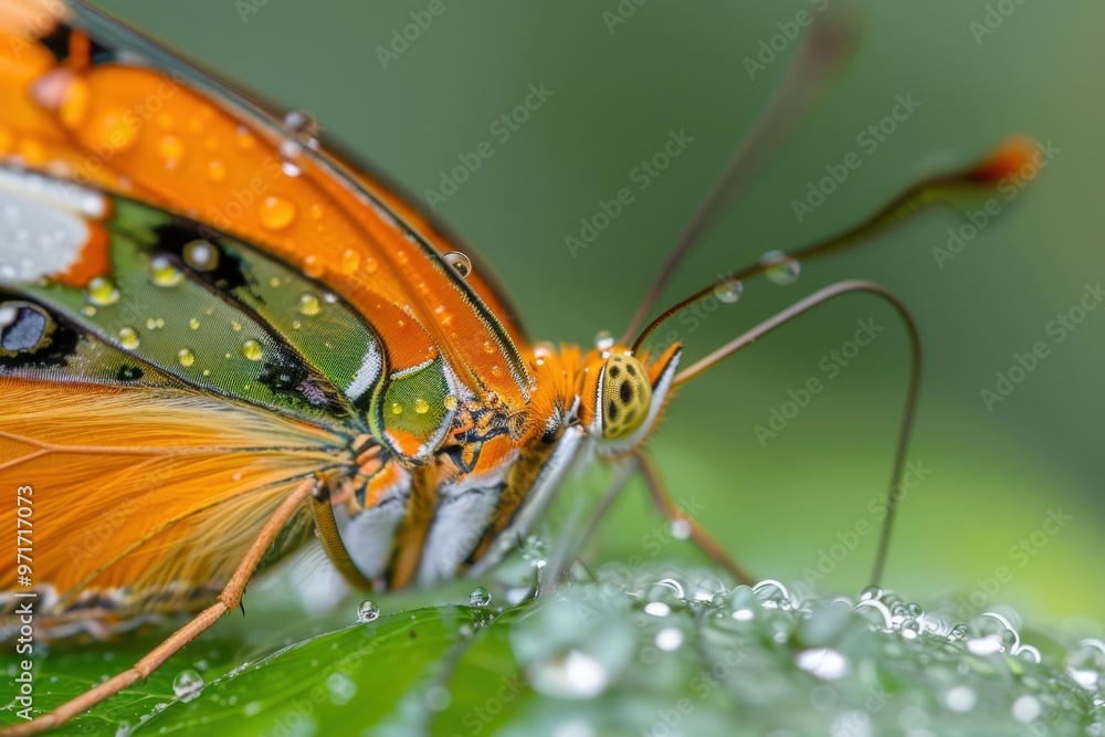 Poster a close-up view of a butterfly revealing intricate details of its fuzzy body and vibrant eye pattern