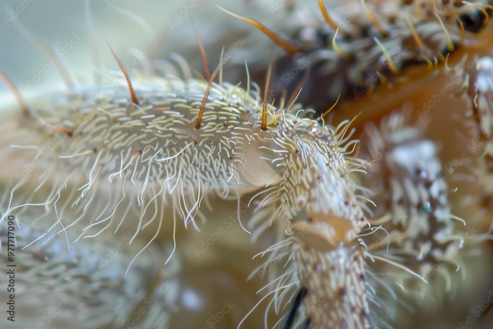 Poster close-up view of a crab's hairy leg in shallow water, highlighting its unique texture and adaptation