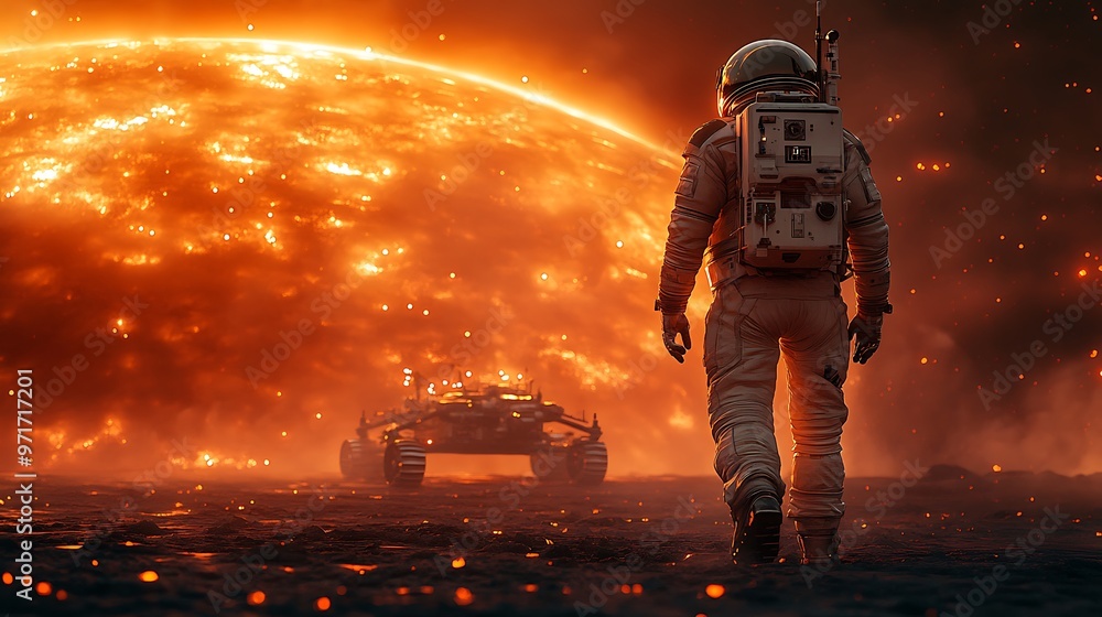 Poster astronaut in spacesuit walks towards a rover on a red planet with a fiery sun in the background.