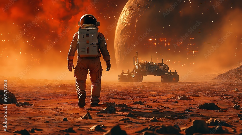 Poster an astronaut walks on a red planet towards a rover, with a large planet in the background.
