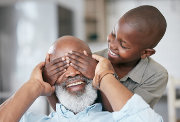 Hands, smile for surprise and boy with grandpa in living room of home for bonding, fun or game....