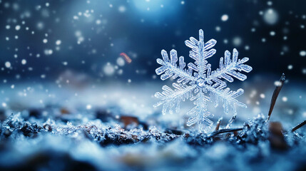Snowflake Ice Crystals Falling on Frozen Ground and Plants, Cold Winter Night Background
