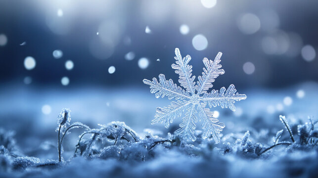 Snowflake Ice Crystals Falling on Frozen Ground and Plants, Cold Winter Night Background