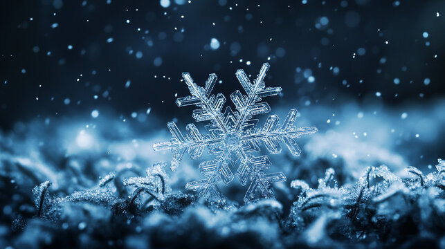 Snowflake Ice Crystals Falling on Frozen Ground and Plants, Cold Winter Night Background