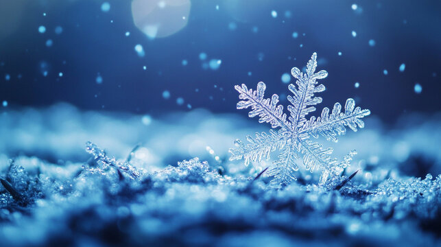 Snowflake Ice Crystals Falling on Frozen Ground and Plants, Cold Winter Night Background
