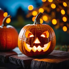 Glowing Jack-o'-lanterns on Wooden Surface with Autumn Pumpkins and Warm Candlelight for Halloween