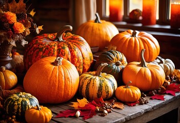 lively table setup featuring vibrant display fall harvest elements including autumn leaves, pumpkin, centerpiece, gourd, decoration, seasonal, festive