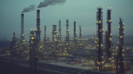 Obraz premium oil refinery, with towering storage tanks, pipelines, and workers