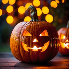 Glowing Jack-o'-lanterns on Wooden Surface with Autumn Pumpkins and Warm Candlelight for Halloween