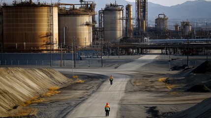 Obraz premium oil refinery, with towering storage tanks, pipelines, and workers