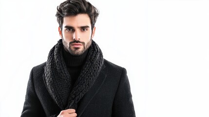 Obraz premium A man wearing a wool coat and a knitted scarf stands confidently, highlighting his fashionable winter attire against a minimalist backdrop