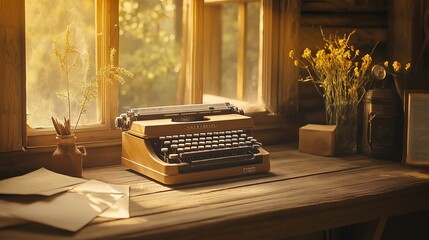 vintage typewriter resting on a rustic wooden desk in a cozy cabin