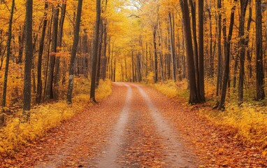 A serene autumn pathway lined with vibrant trees displaying fall foliage and a peaceful dirt road in the heart of nature