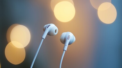 White earbuds against an abstract background