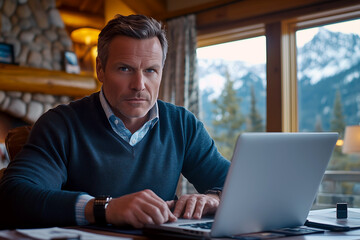 Fototapeta premium A mature man working on a laptop in a cozy cabin, set against a stunning backdrop of snow-covered mountains.