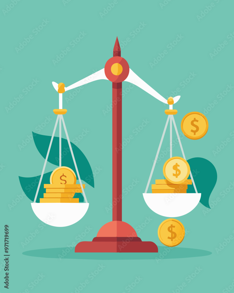 Poster a scale with a broken dollar sign on one side and a handful of coins on the other symbolizing econom