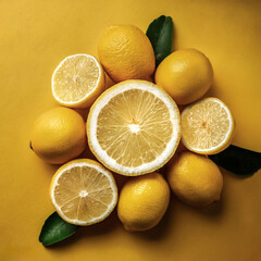 Overhead view of Fresh, Pile, Ripe and juicy sweet Yellow lemon fruit. Halves food summer background.