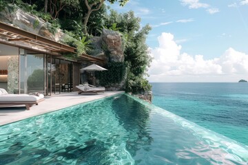Obraz premium exclusive island resort, showing a luxurious villa with a private infinity pool overlooking the ocean