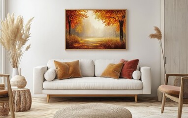 Autumn-inspired wall art enhances cozy living room decor with warm, fall tones and seasonal landscape prints