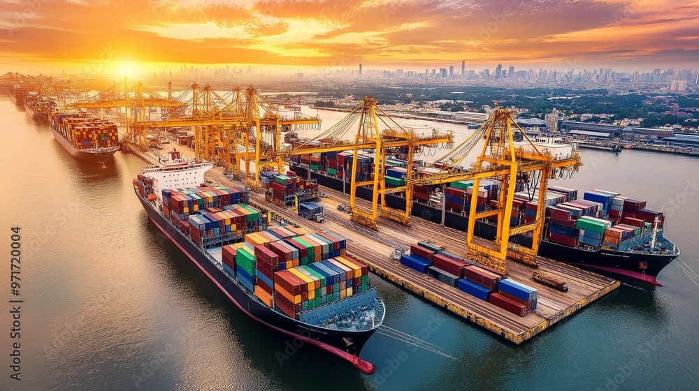 Wall mural workers, industrial port, with ships, cranes, and containers