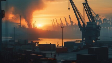 Obraz premium workers, industrial port, with ships, cranes, and containers