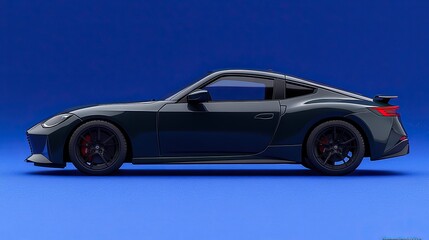 Fototapeta premium A stylish black sports car is positioned against a smooth blue background, highlighting its aerodynamic design and sleek contours