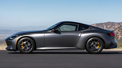 Naklejka premium A stylish black sports car is positioned against a smooth blue background, highlighting its aerodynamic design and sleek contours