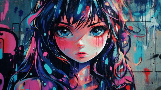 Graffiti Artwork of a Beautiful Anime Girl Background