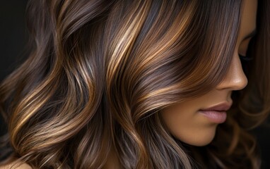 A stunning caramel balayage hairstyle blending warm fall tones for a sun-kissed effect in a stylish salon setting