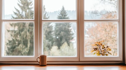 Morning sunlight streams through a wooden window, illuminating a yellow mug resting on a rustic wooden ledge while rain softly patters against the glass.