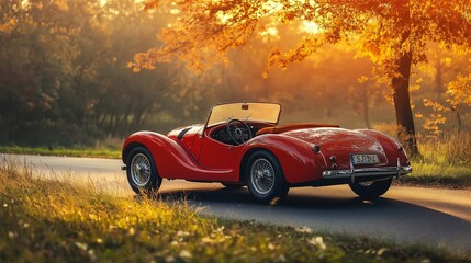 classic red vintage car parked on a countryside road