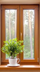 Morning sunlight streams through a wooden window, illuminating a yellow mug resting on a rustic wooden ledge while rain softly patters against the glass