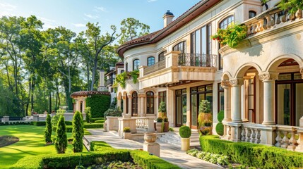 real estate property, showcasing a grand mansion with large windows