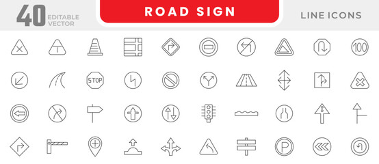 Road sign line icon set. Road signs, fences, highway, highways, road barrier, paver, bulldozer, road junction, bridge, graver,  traffic lights icon set. UI thin line icon pack.