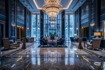 luxury hotel lobby, featuring plush seating, a grand chandelier, and marble floors