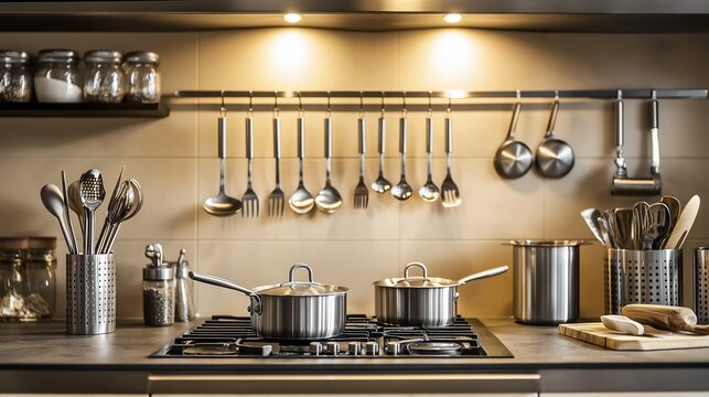 Stainless steel cooking utensils neatly arranged on a counter in a modern kitchen
