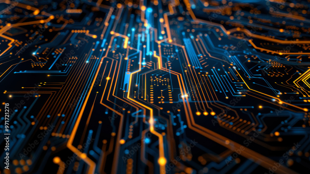 Poster detailed circuitry pattern with glowing lines on a dark background illustrating modern technology co
