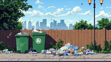 Overflowing Recycling Bin with Littered Street Scene