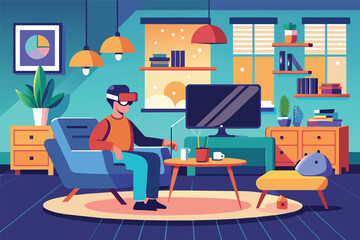 A person experiences virtual reality while seated in a cozy living room with plants, a coffee table, a TV, and warm lighting in the evening
