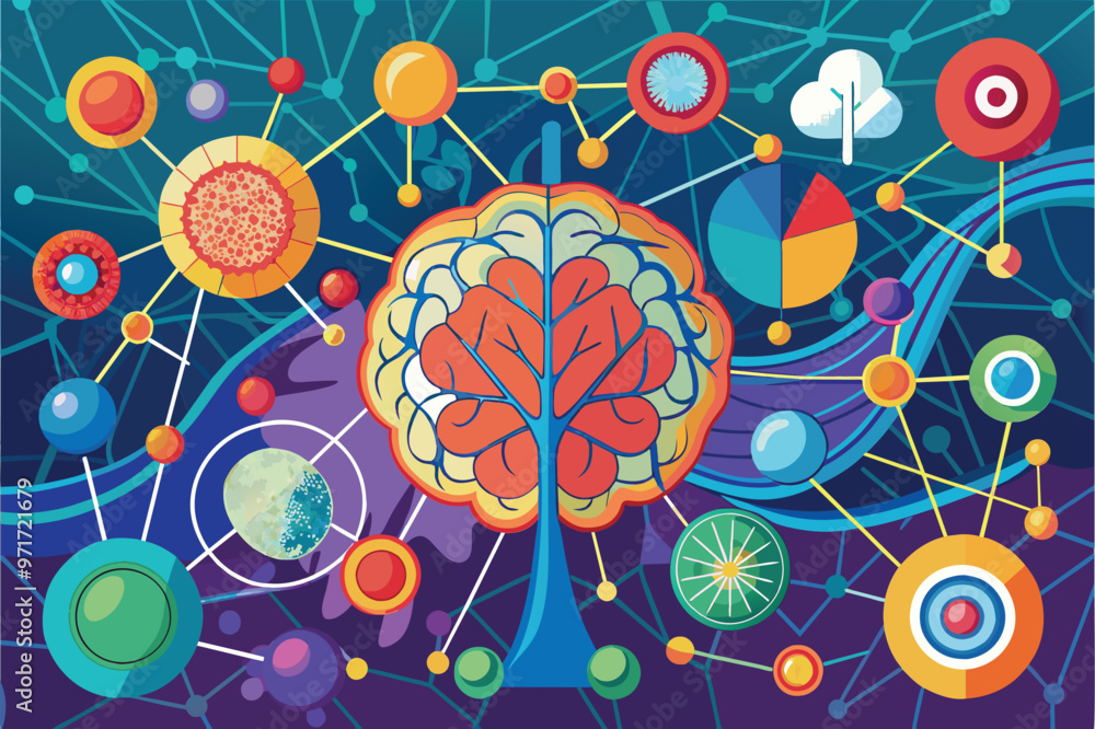 Poster A colorful illustration depicting a large brain interconnected with various symbols representing technology, science, and data analysis against a vibrant background of interconnected nodes