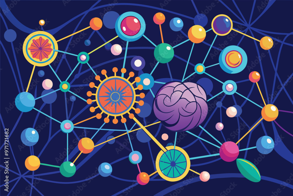 Poster a colorful illustration depicting a large brain interconnected with various symbols representing tec