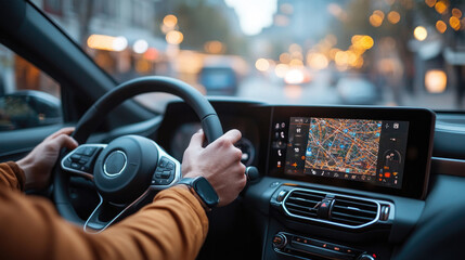 Person Driving with GPS Navigation in Modern Car on City Street with Evening Lights