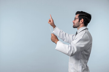 Side view of smart doctor pointing and checking and looking at chart or application form....