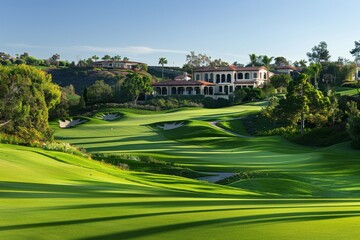 Fototapeta premium an exclusive golf course, and a luxurious clubhouse in the background