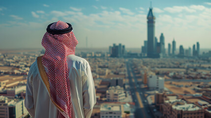Fototapeta premium A man in traditional attire gazes at the skyline during the early evening, featuring modern skyscrapers.