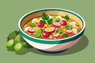 A vibrant bowl of traditional soup garnished with fresh herbs, sliced vegetables, and lime, perfect for a comforting meal at any time
