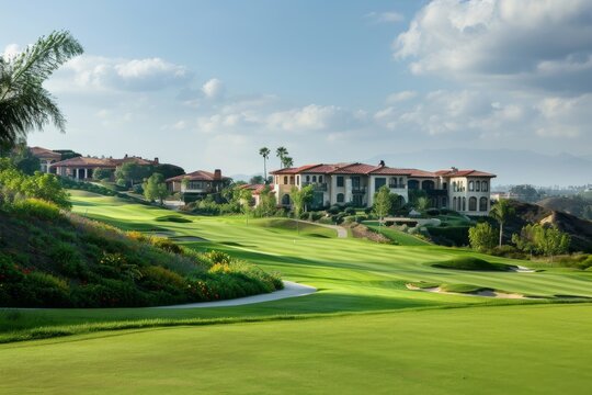 an exclusive golf course, and a luxurious clubhouse in the background - Powered by Adobe