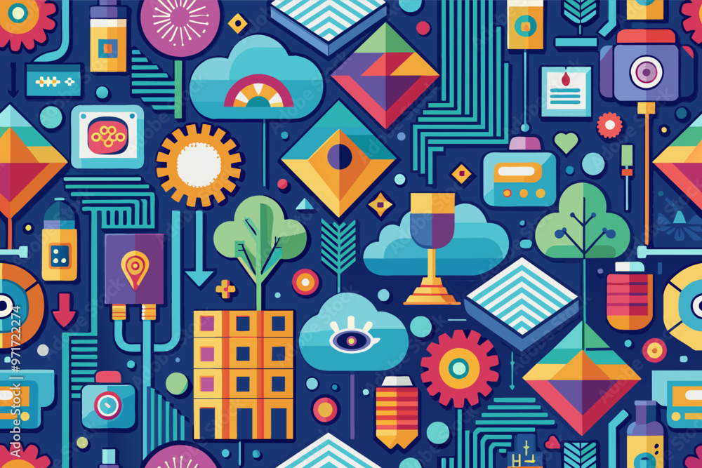 Poster colorful geometric patterns with vibrant shapes and designs on a dark background showcasing a dynami