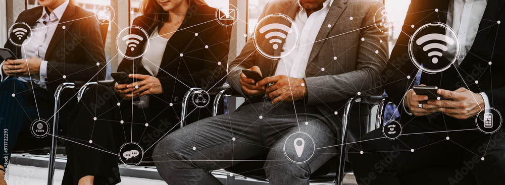 Poster internet of things and communication technology concept - modern graphic interface showing smart inf